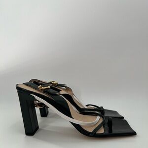 Wandler Eliza Square Toe Strappy Toe Ring Heel Sandals Black White Gold Buckle